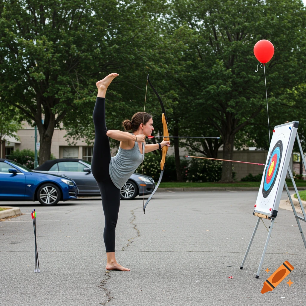 A woman holds a bow and arrow while balancing on one leg with the other raised high, aiming at a target in a parking lot.