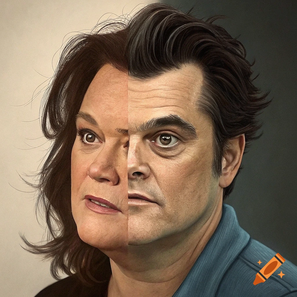 Photorealistic portrait morph combining Rosie O'Donnell and Johnny Knoxville.