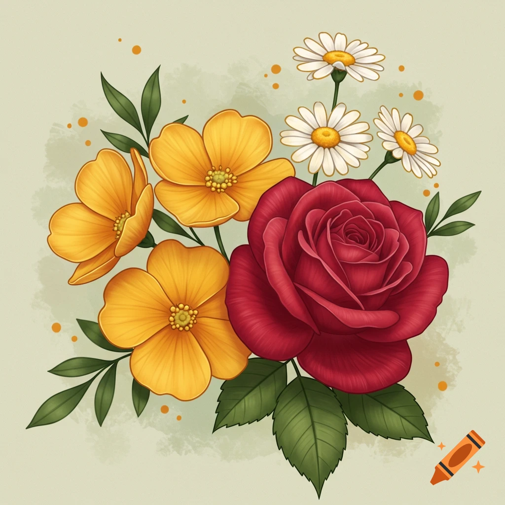 A bouquet of a red rose, white daisies, and yellow flowers.