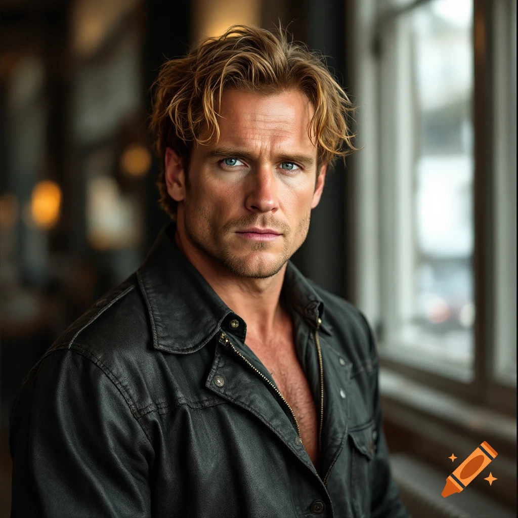 Photorealistic portrait of a man with blonde hair and blue eyes in a leather jacket