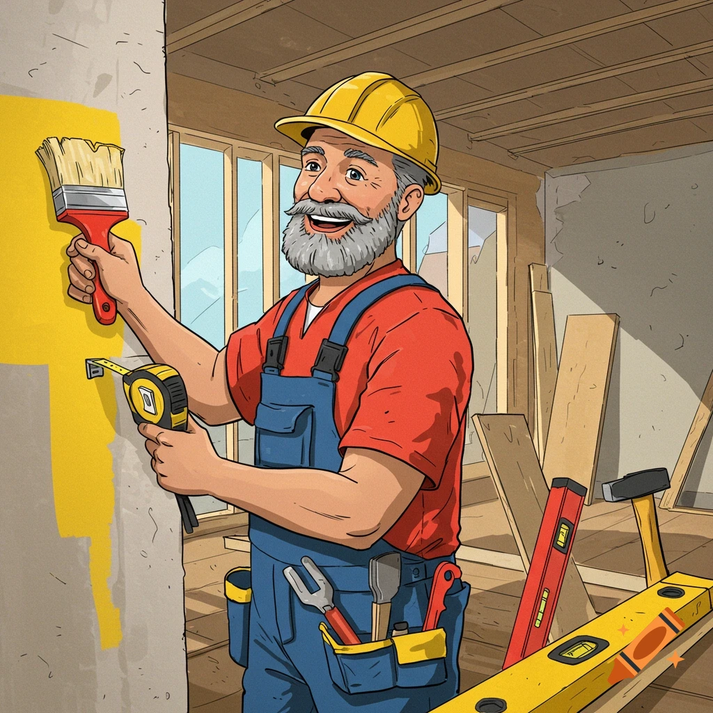 An illustration of a handyman in a hard hat and overalls painting a wall during a construction project.