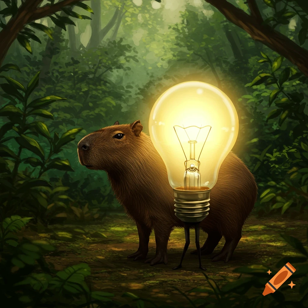 A capybara stands next to a glowing light bulb with legs in a forest.