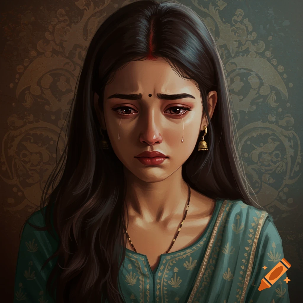 Portrait of a crying young Indian girl in traditional clothing.