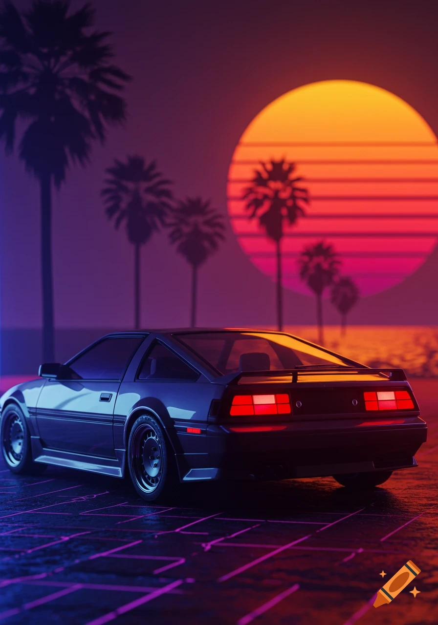 Synthwave style car parked under palm trees with retro sunset and neon grid