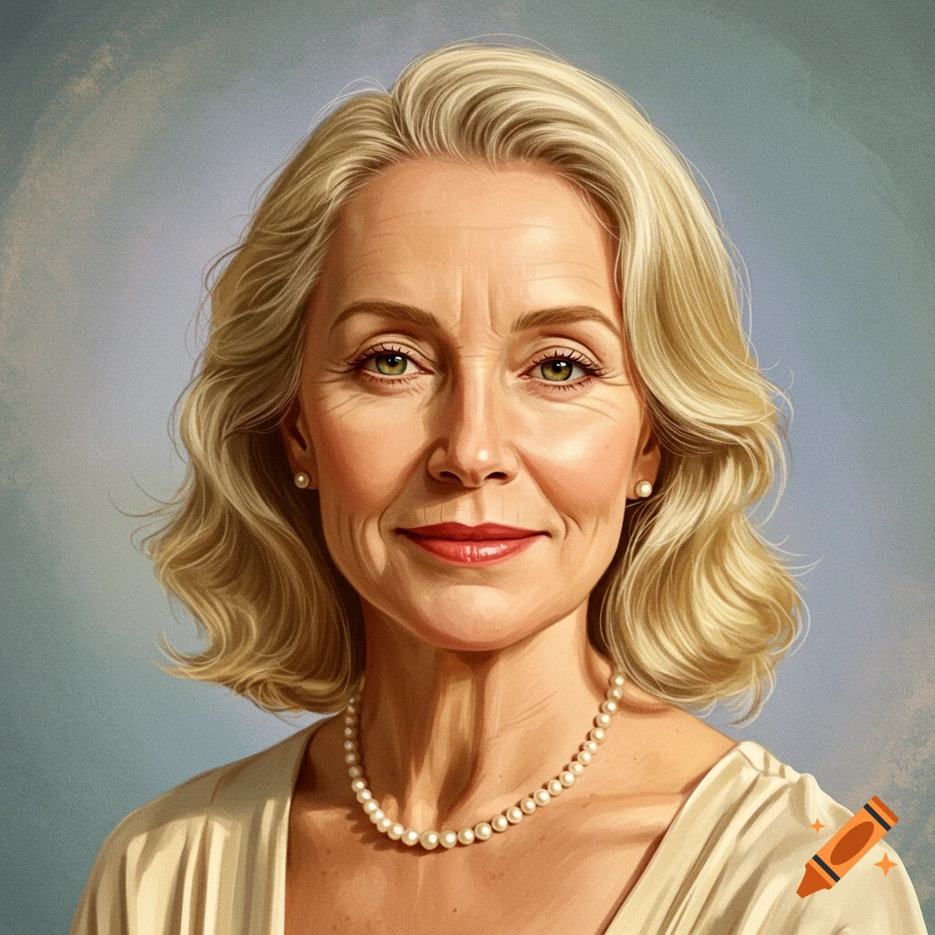 An older blonde woman with hazel eyes wearing a pearl necklace.