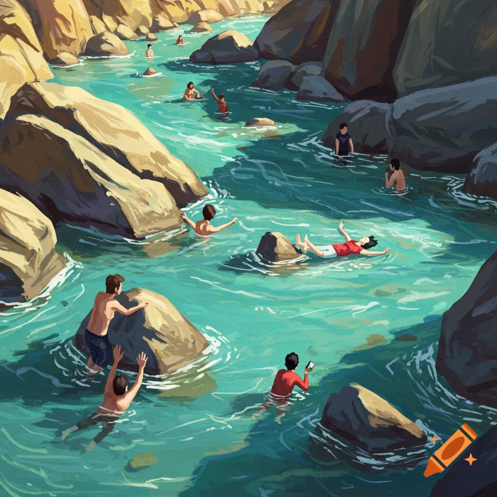 People swimming in a rocky river, one person floats downstream.