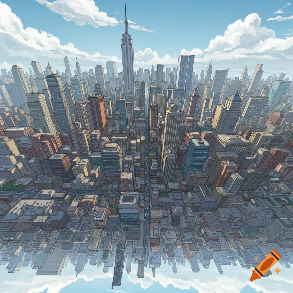 Overhead view of a detailed, stylized cityscape with tall skyscrapers under a blue sky with clouds.