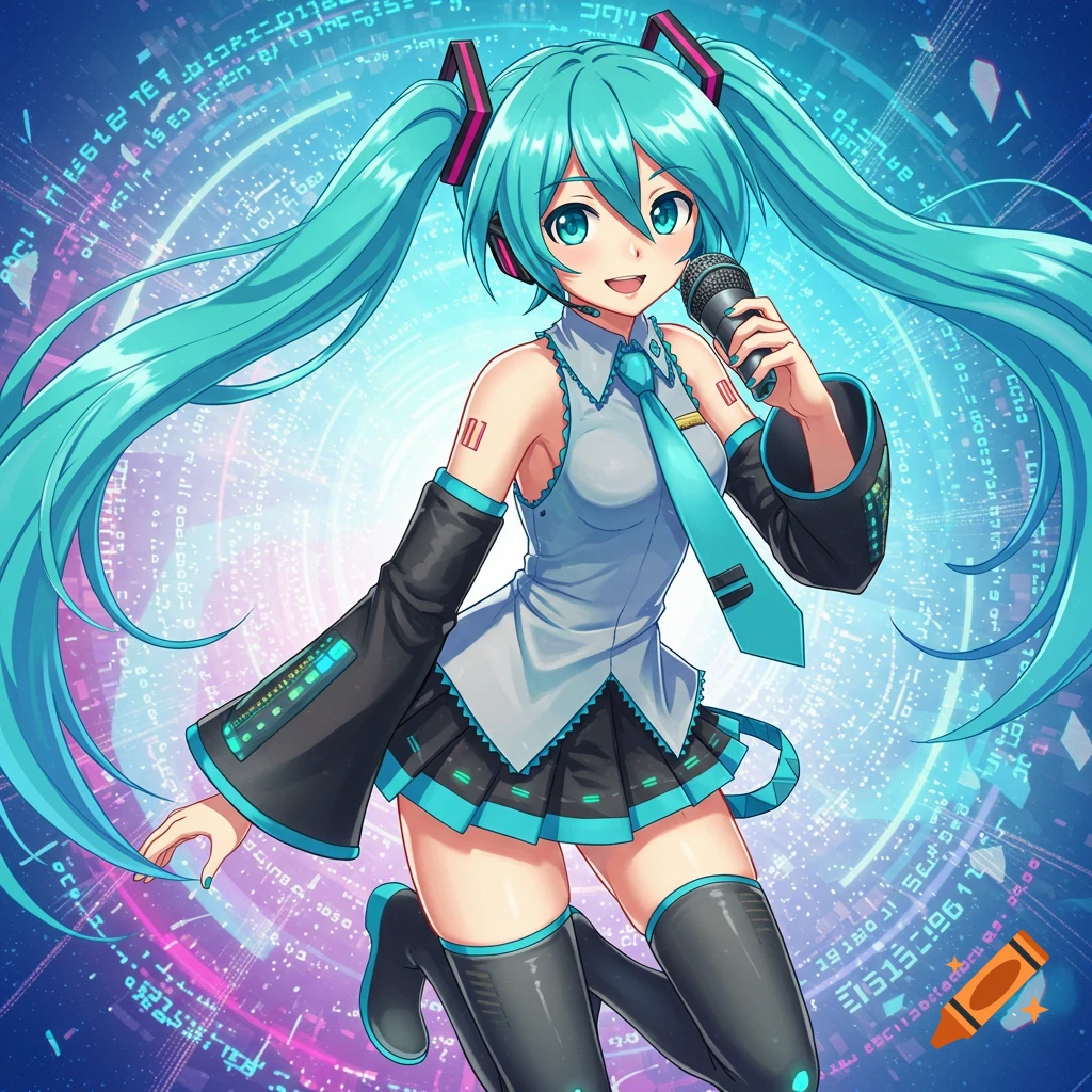 Hatsune Miku singing into a microphone with a futuristic background.