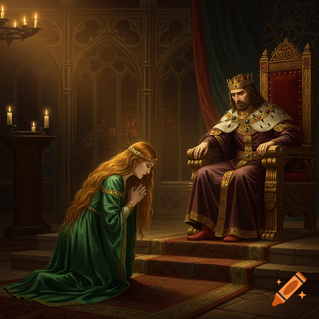 A woman in a green dress kneels before a king on a throne in a dimly lit chamber.
