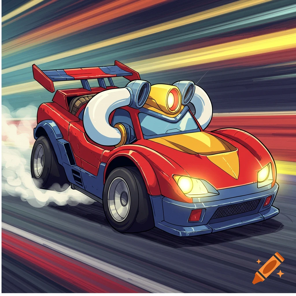 Cartoon race car speeding down a track with smoke