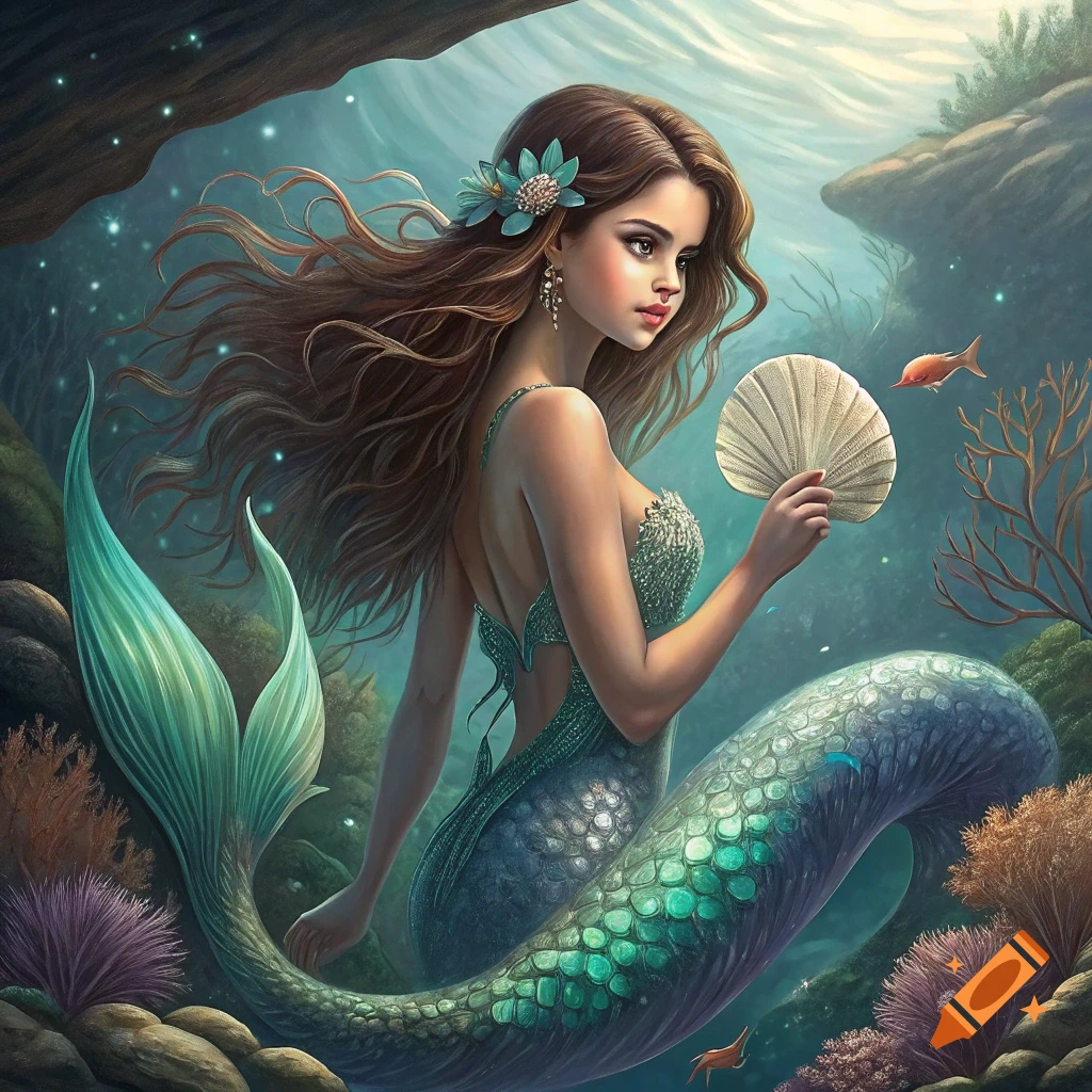A mermaid with brown hair in a green tail sits underwater holding a seashell.