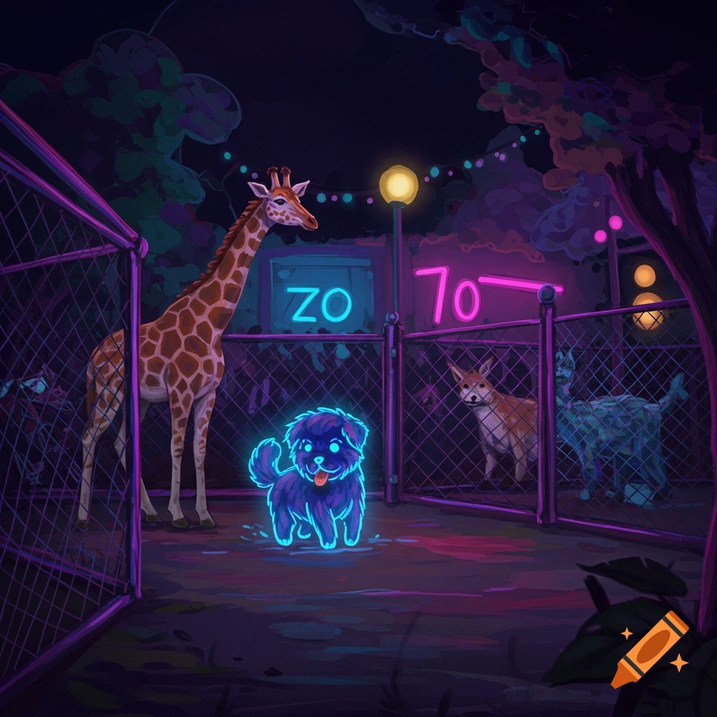 A glowing blue dog in a neon-lit zoo with a giraffe and other animals behind fences.
