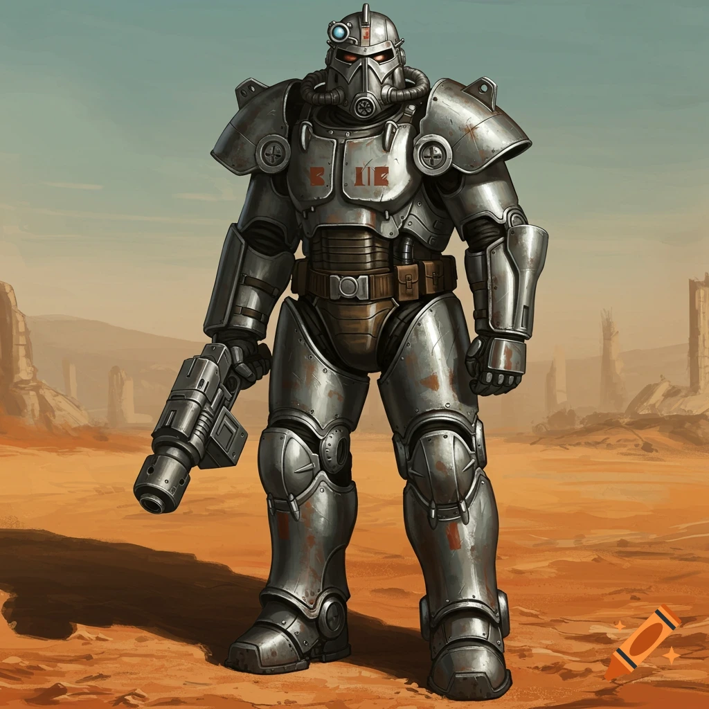 A figure in power armor holding a weapon in a desert landscape