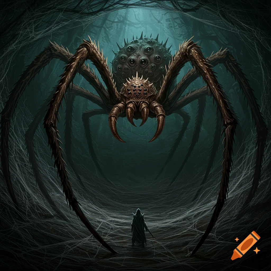 A small hooded figure faces a giant multi-eyed spider in a dark, web-filled cavern.