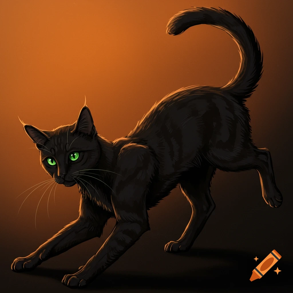 A black cat with bright green eyes stretching.