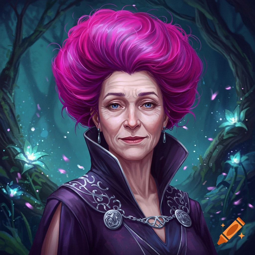 A portrait of a middle-aged woman with bright purple hair, blue eyes, and a dark, ornate fantasy outfit, set against a magical forest background.
