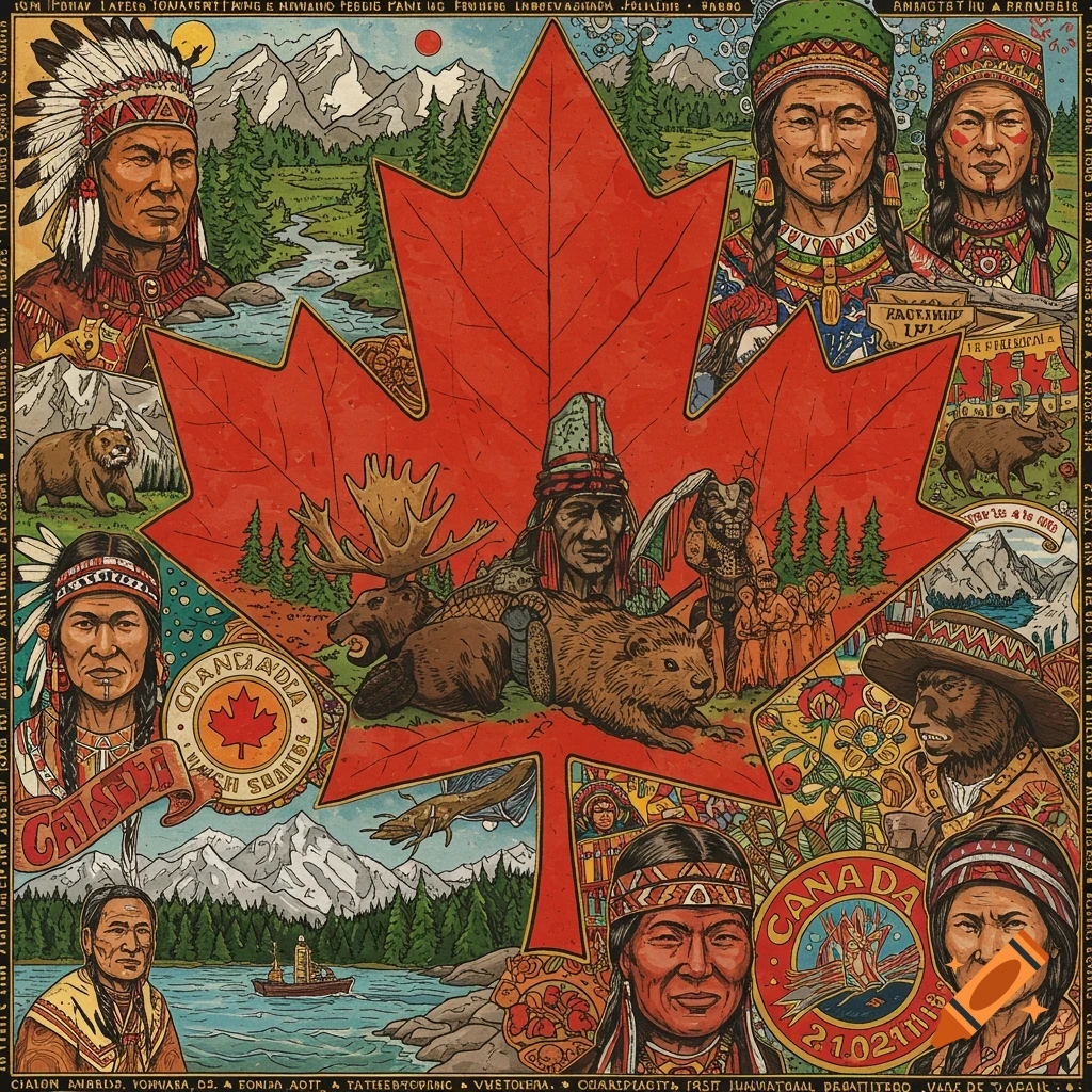 A folk art illustration centered on a large red maple leaf, surrounded by portraits of people in traditional indigenous clothing, animals like a moose, beaver, and bears, and landscapes of mountains, forests, and rivers.