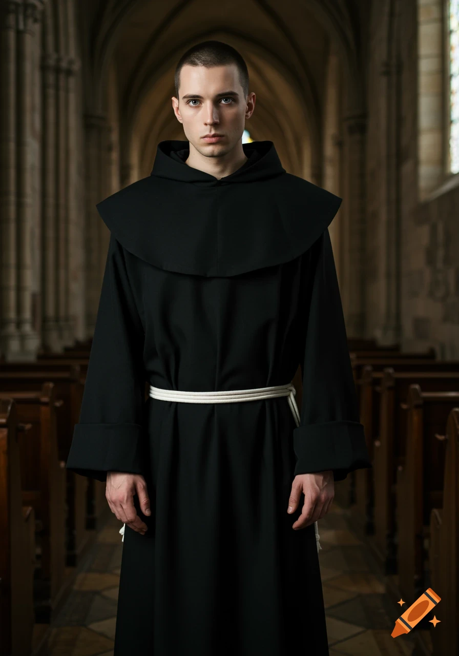 A man in a black monk's robe stands in a church.