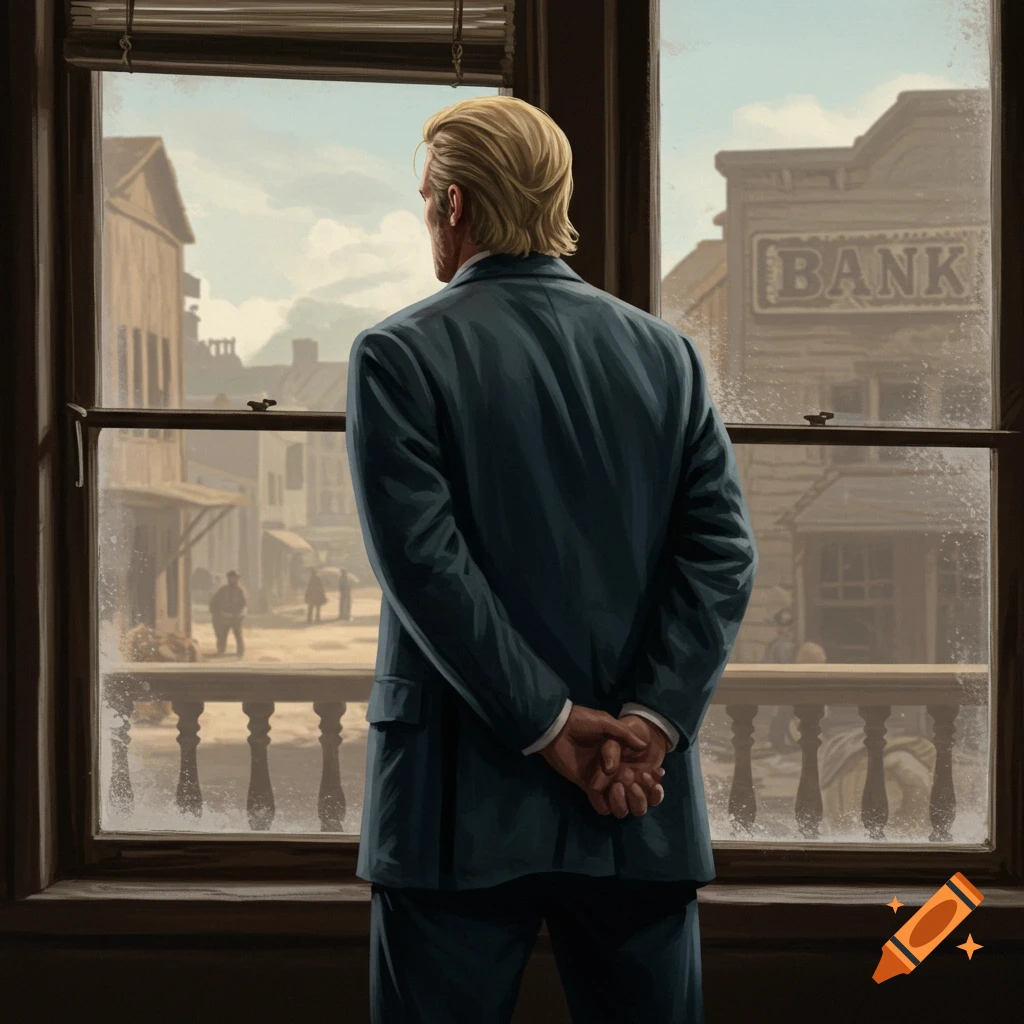 A man in a blue suit is looking out a window at a Western street scene.