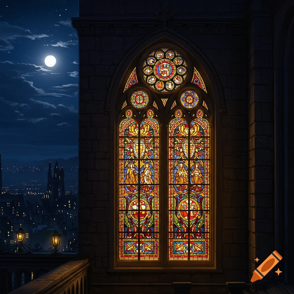 A large stained glass window overlooks a city at night under a full moon.