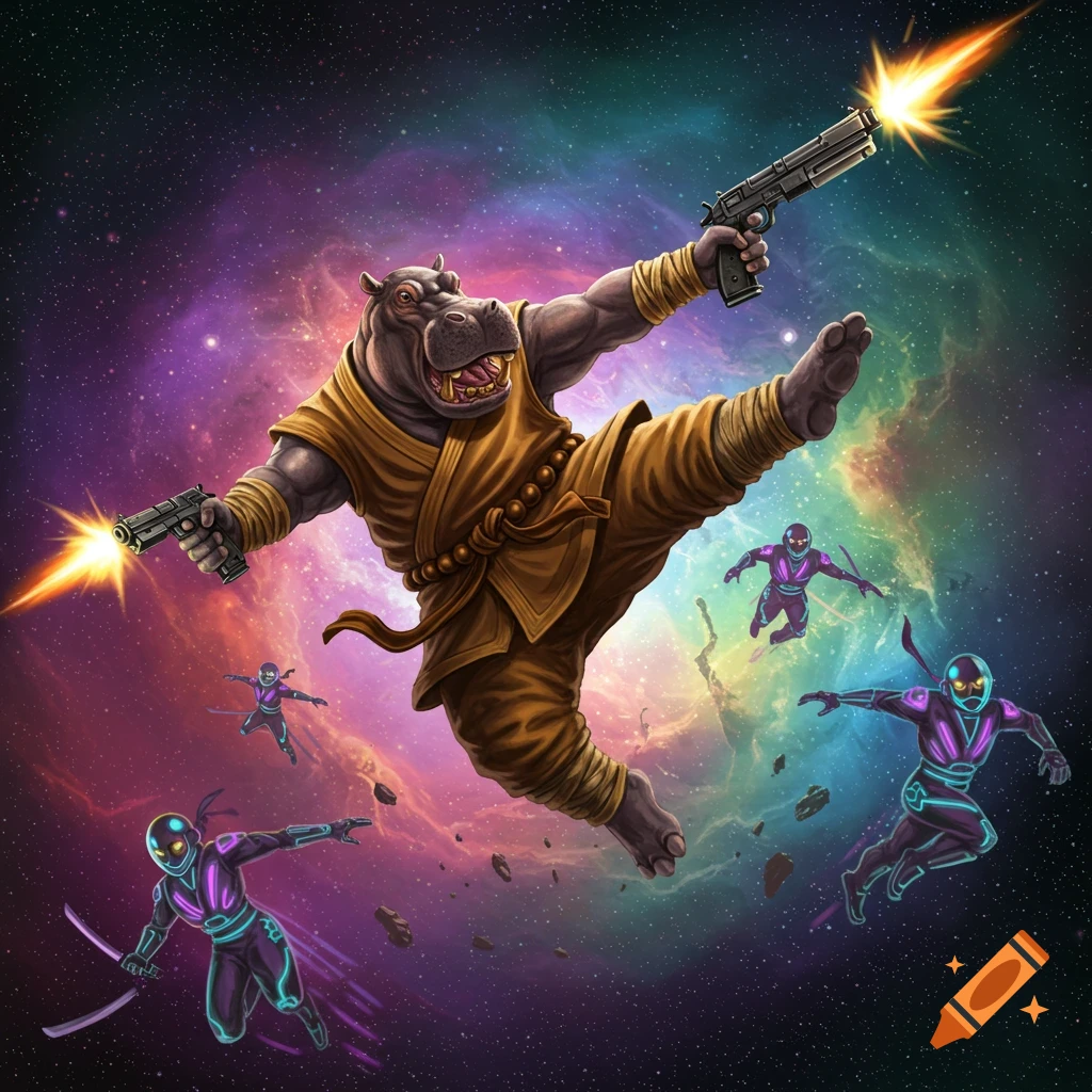 A hippo monk dual-wielding pistols, kicking and shooting at neon space ninjas in space.