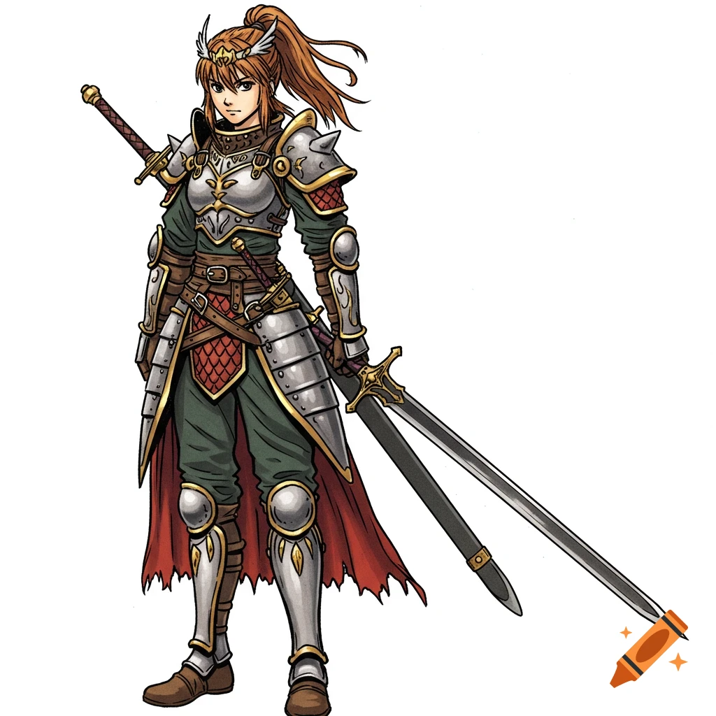 Female warrior in fantasy armor holding two swords on a white background, illustration style.
