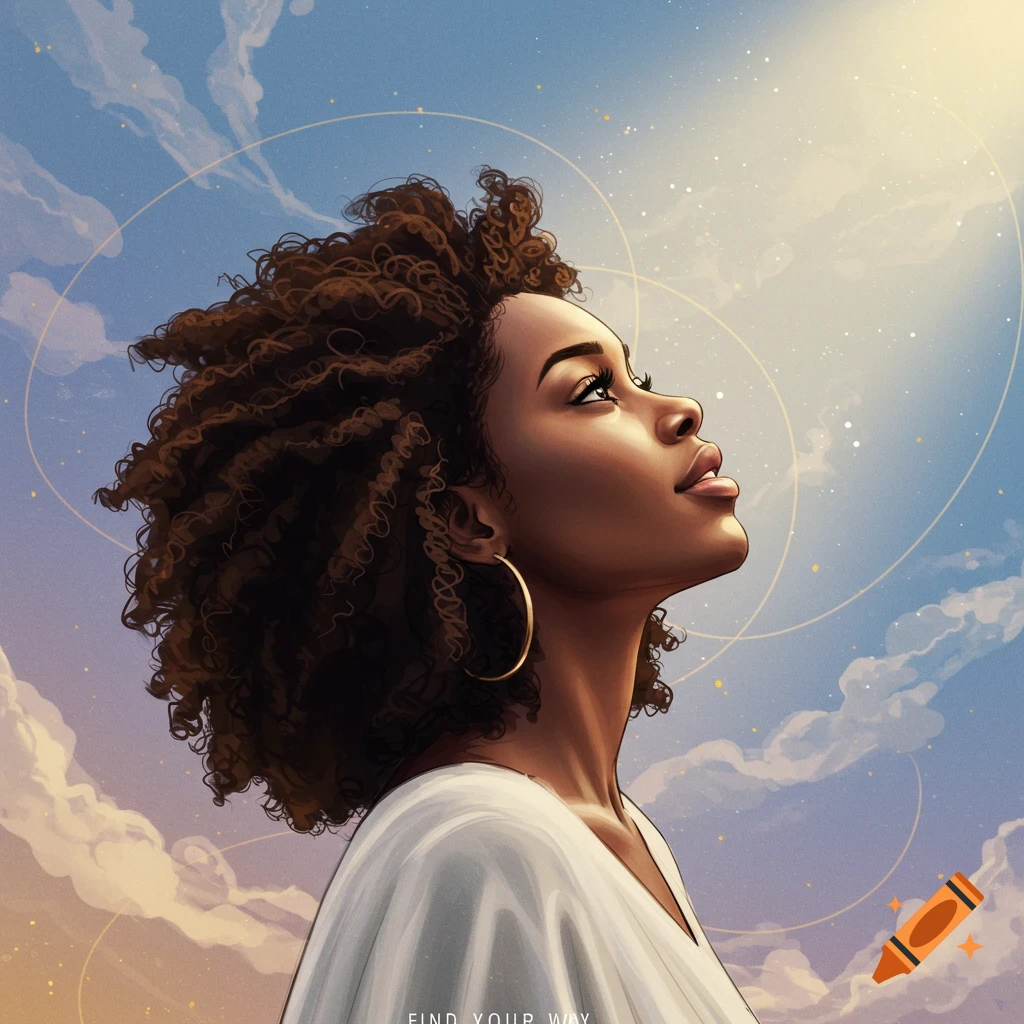 A woman looking up at a cloudy sky with light rays and text 'FIND Your Way' at the bottom.
