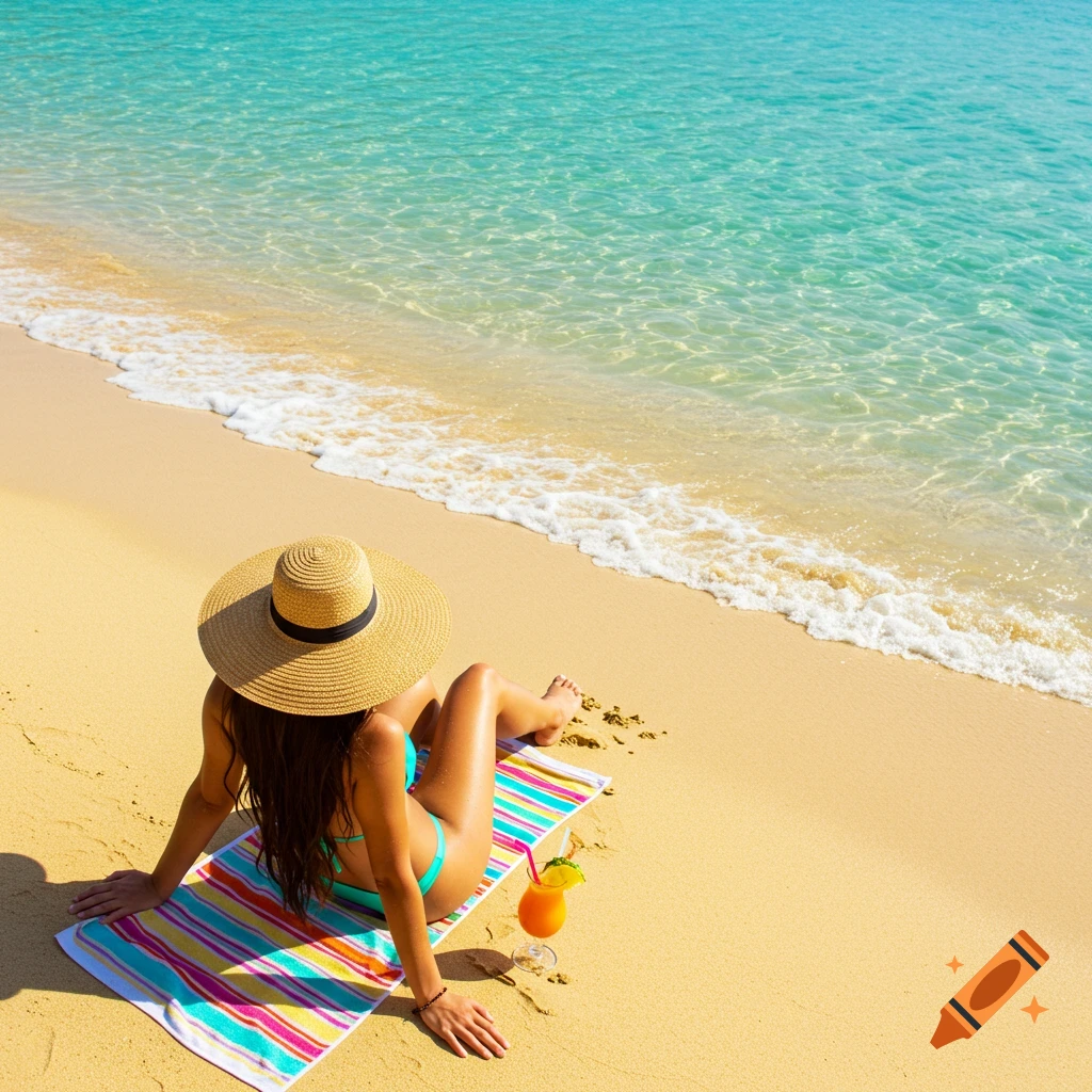 Woman in a bikini and sunhat sitting on a striped towel on a sandy beach by the clear blue ocean, viewed from above.