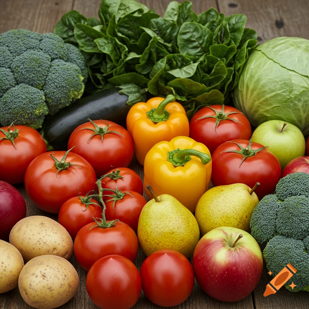 Close-up photo of various fresh vegetables and fruits on a wooden surface.