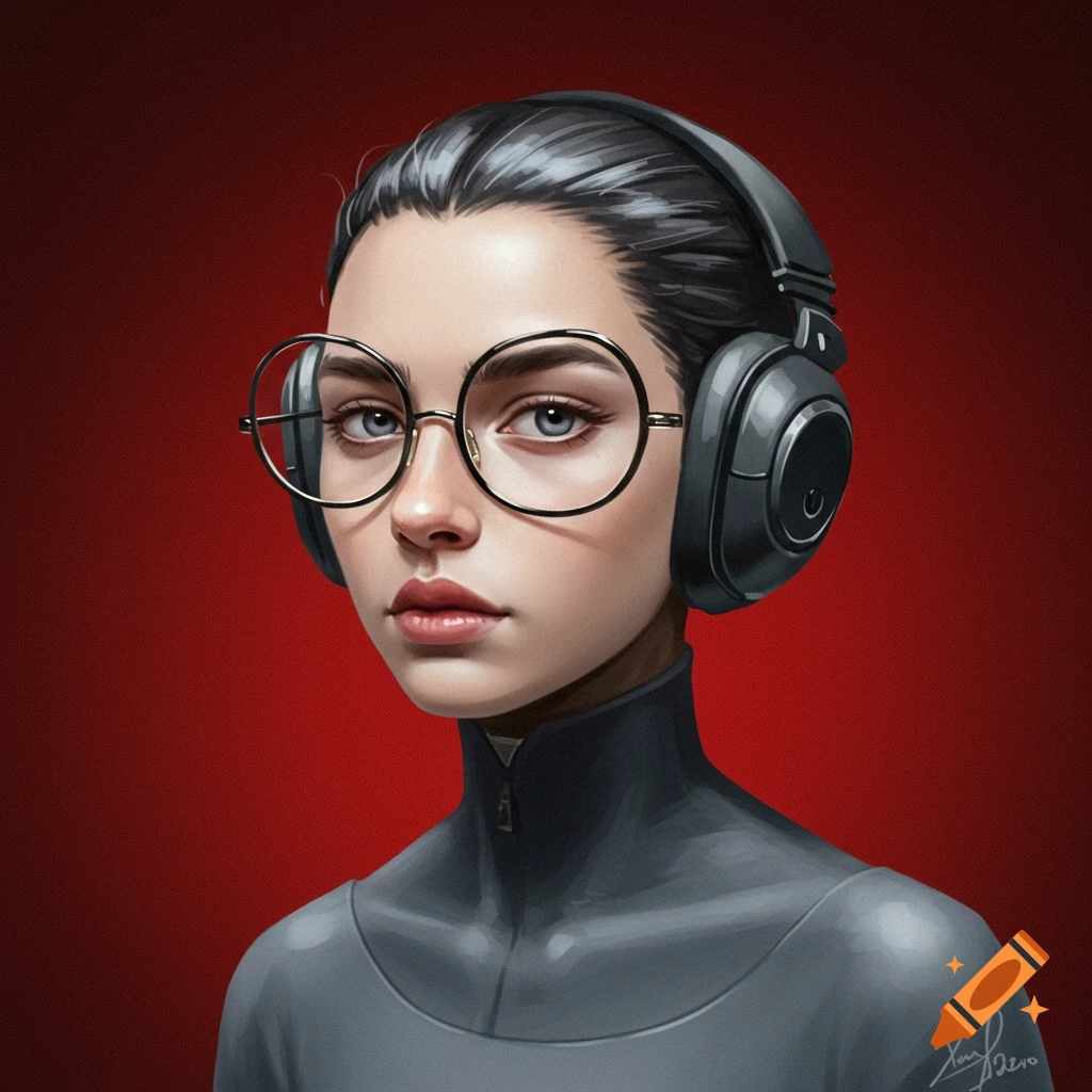 Portrait of a young woman with round glasses and headphones against a red background.