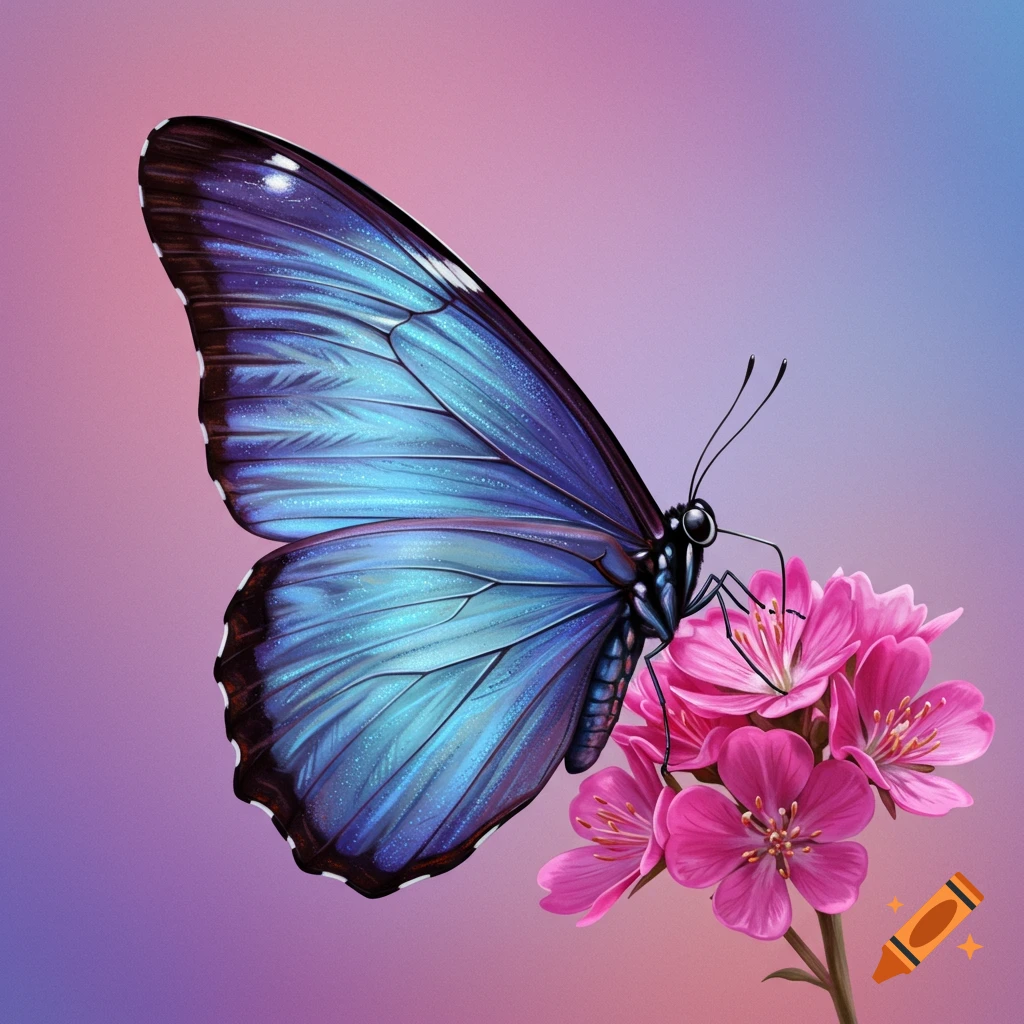 A metallic blue and purple butterfly is perched on pink flowers.