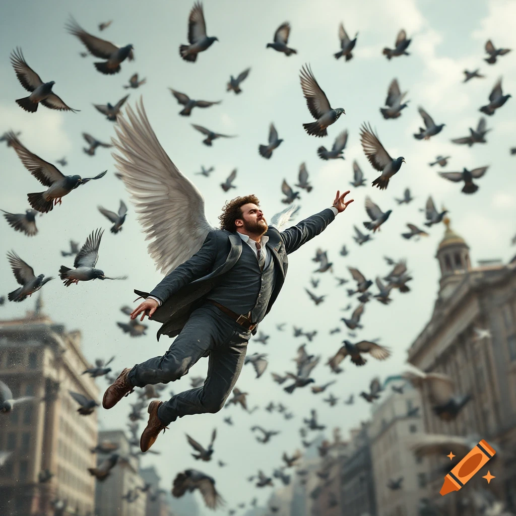 A man with large white wings flies high above a city street, surrounded by a large flock of pigeons in a photorealistic style.