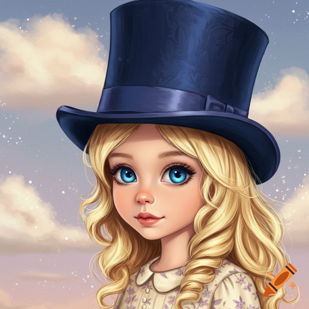 A blonde girl with blue eyes wearing a dark blue top hat against a cloudy sky.