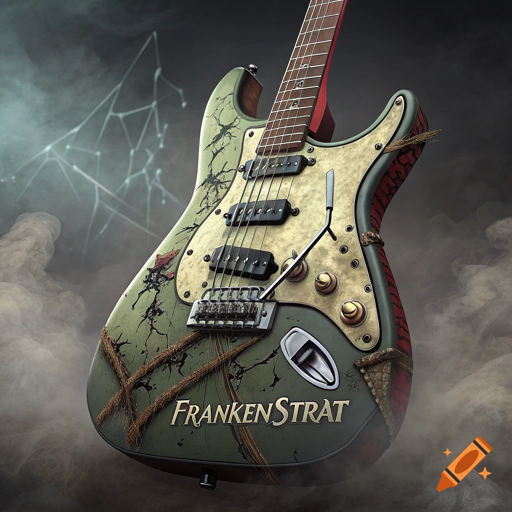 Distressed green and red 'FRANKENSTRAT' electric guitar with cobwebs and smoke