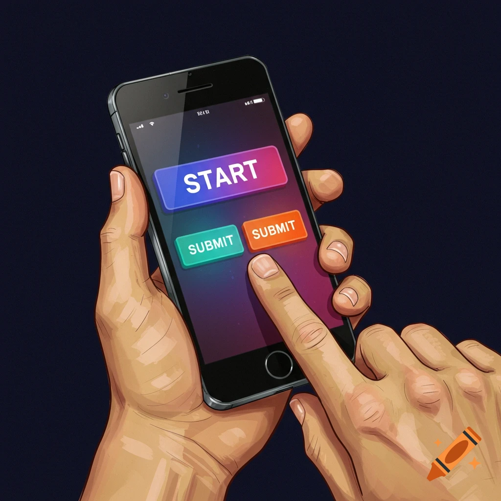A hand presses the START and SUBMIT buttons on a mobile phone screen.