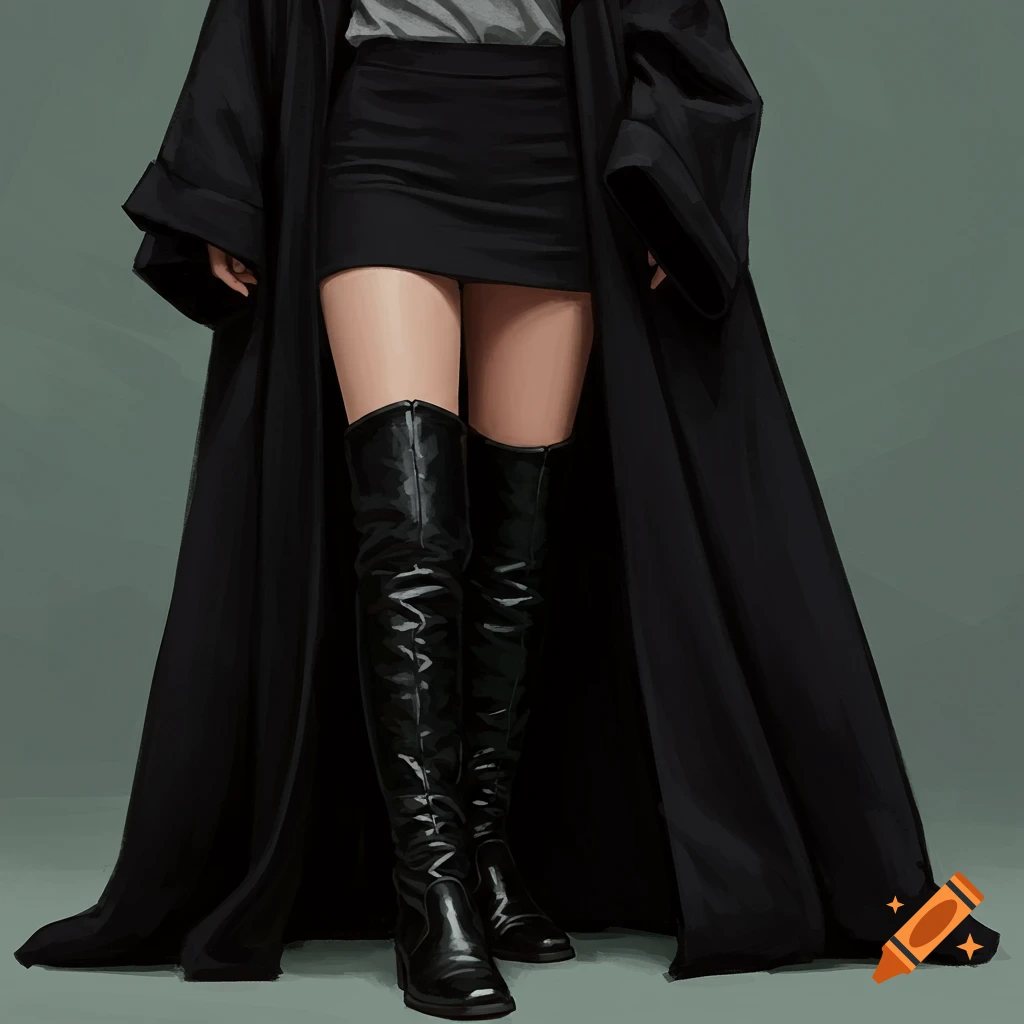 A woman is wearing a black skirt, gray shirt, black robe, and black knee-high leather boots.