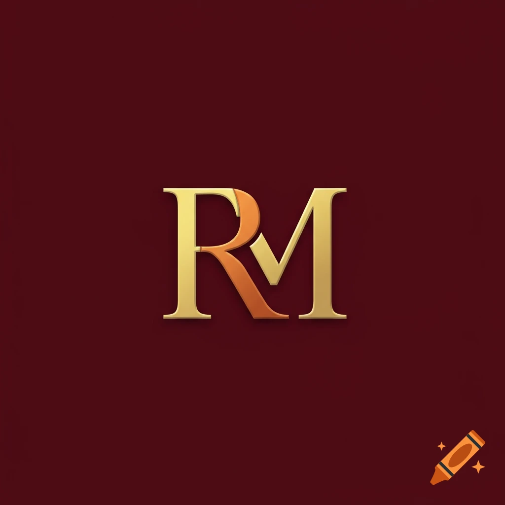 A 3D gold and orange monogram of the letters R and M on a burgundy background.