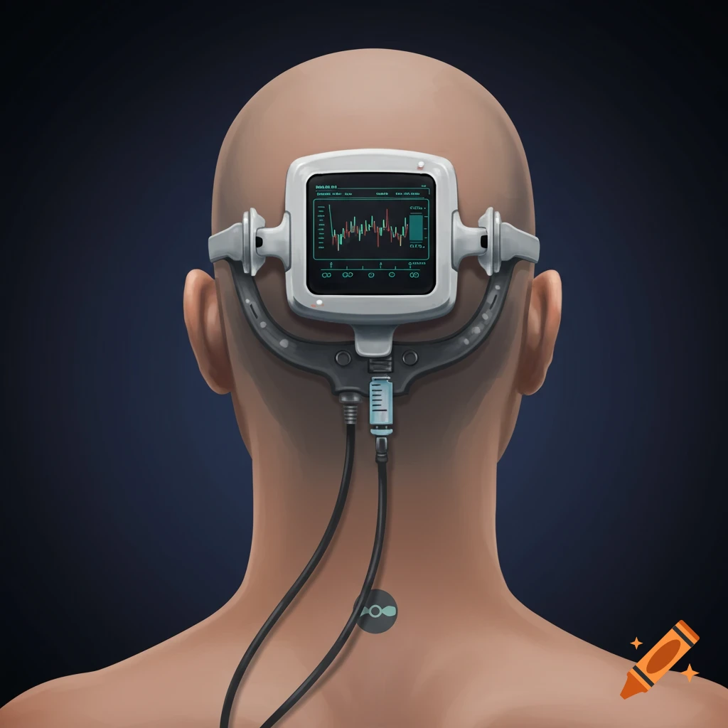 A person's head is viewed from behind, with a futuristic medical device connected to their neck.