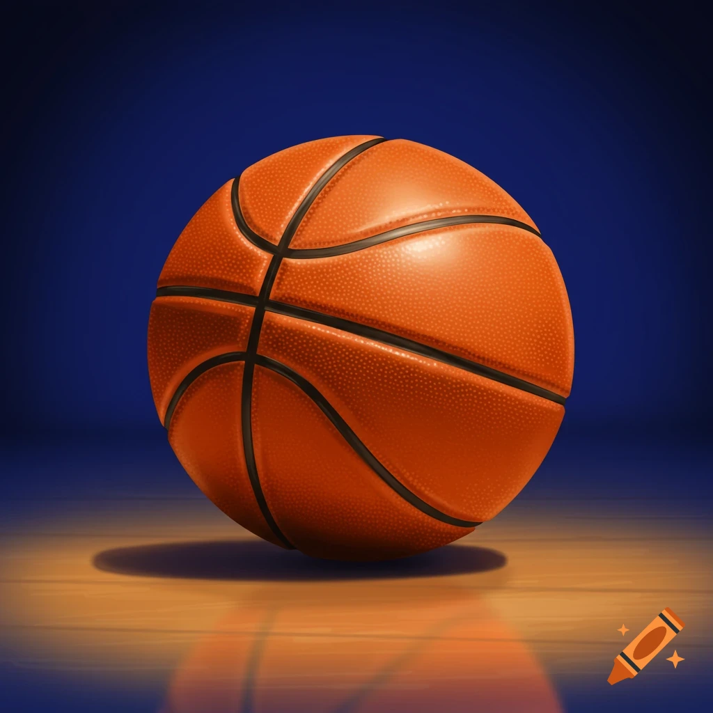 A basketball on a wooden court with a blue background.