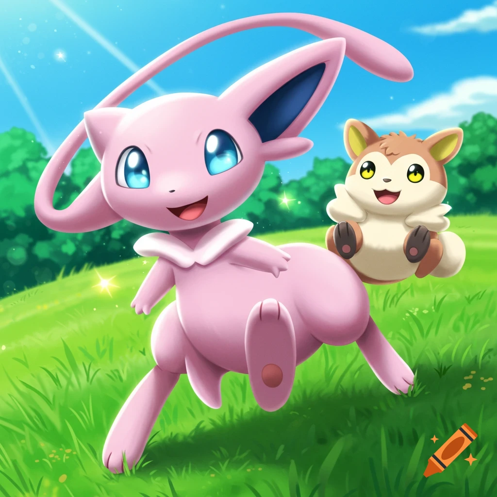 Two cartoon creatures resembling Pokemon, one pink and one brown, playing in a sunny field.