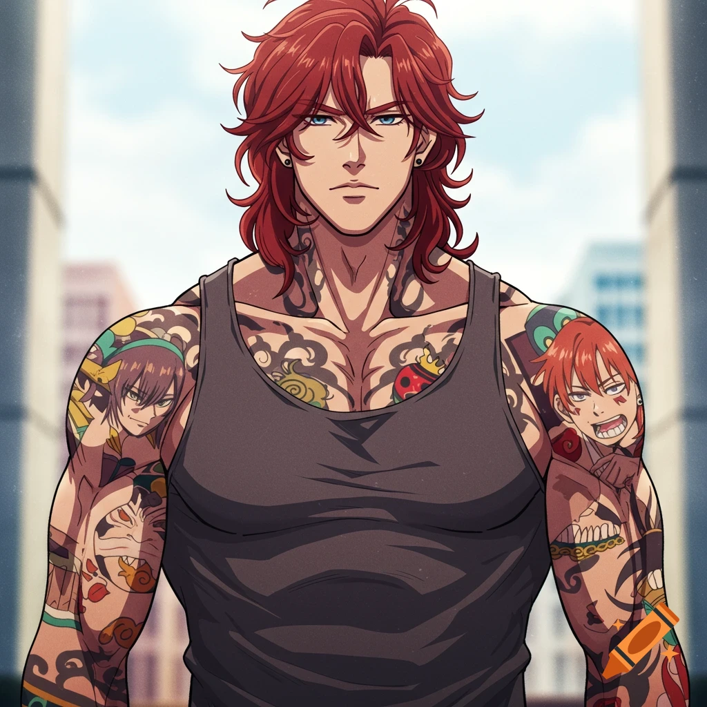 Anime style portrait of a muscular man with red hair, blue eyes, wearing a tank top, covered in tattoos.