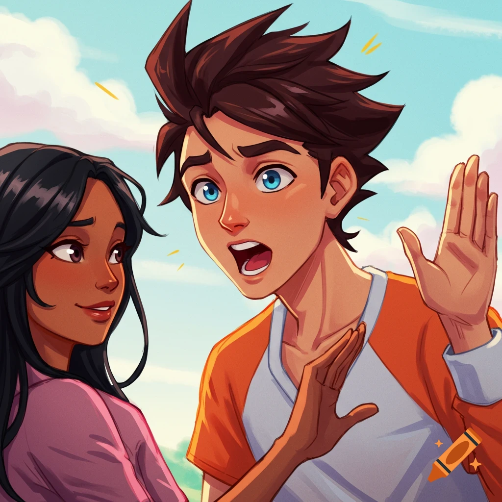 Two cartoon characters, a boy talking excitedly and a girl raising her hand, outdoors.