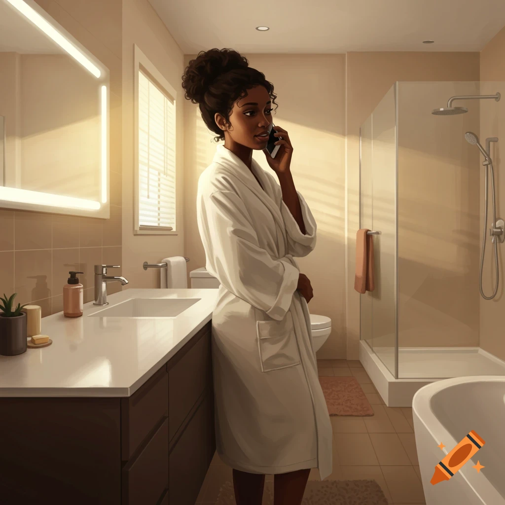 A Black woman in a white bathrobe is standing in a modern bathroom, talking on her phone.