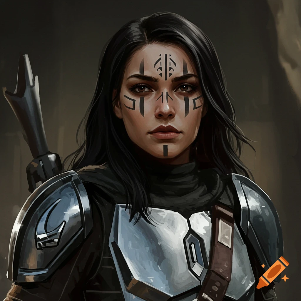 a woman with dark tribal face markings and silver sci-fi armor.