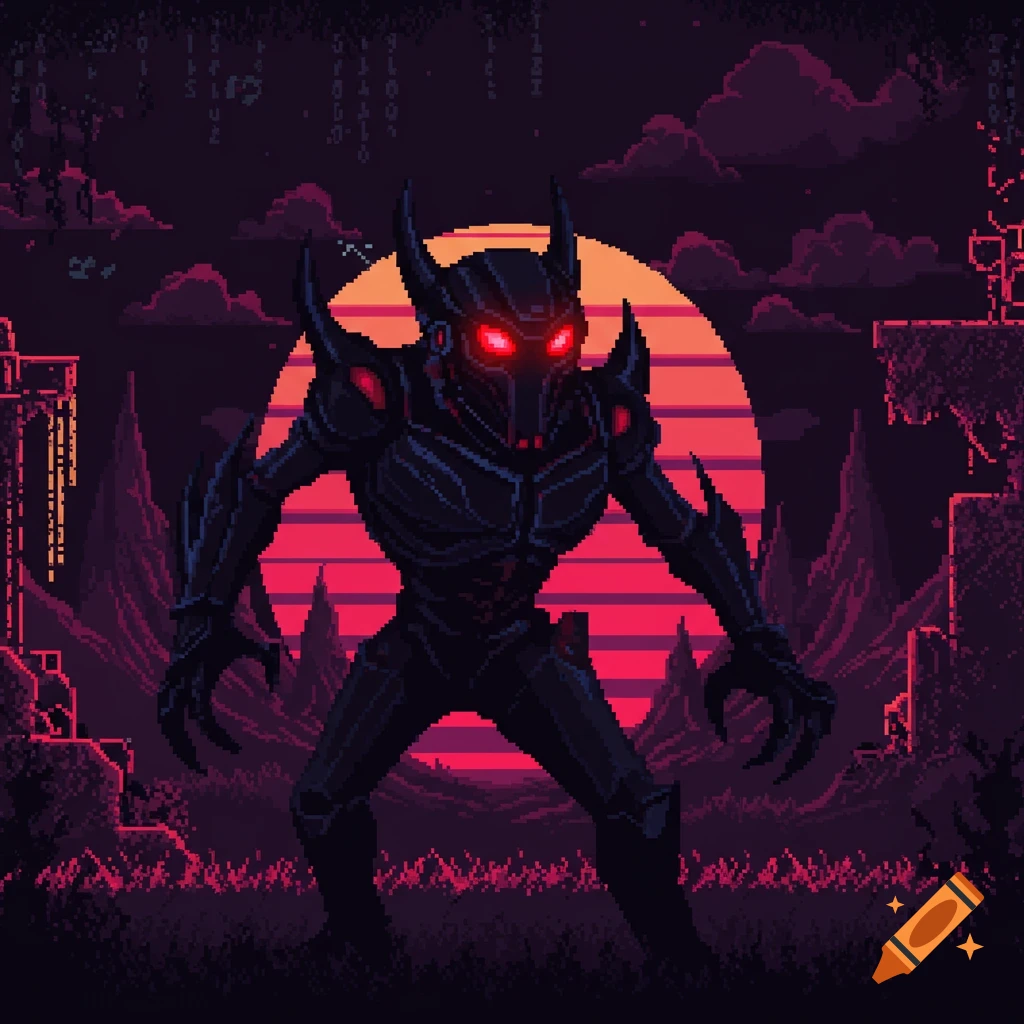 Dark creature with glowing red eyes in a pixel art landscape with a sunset.