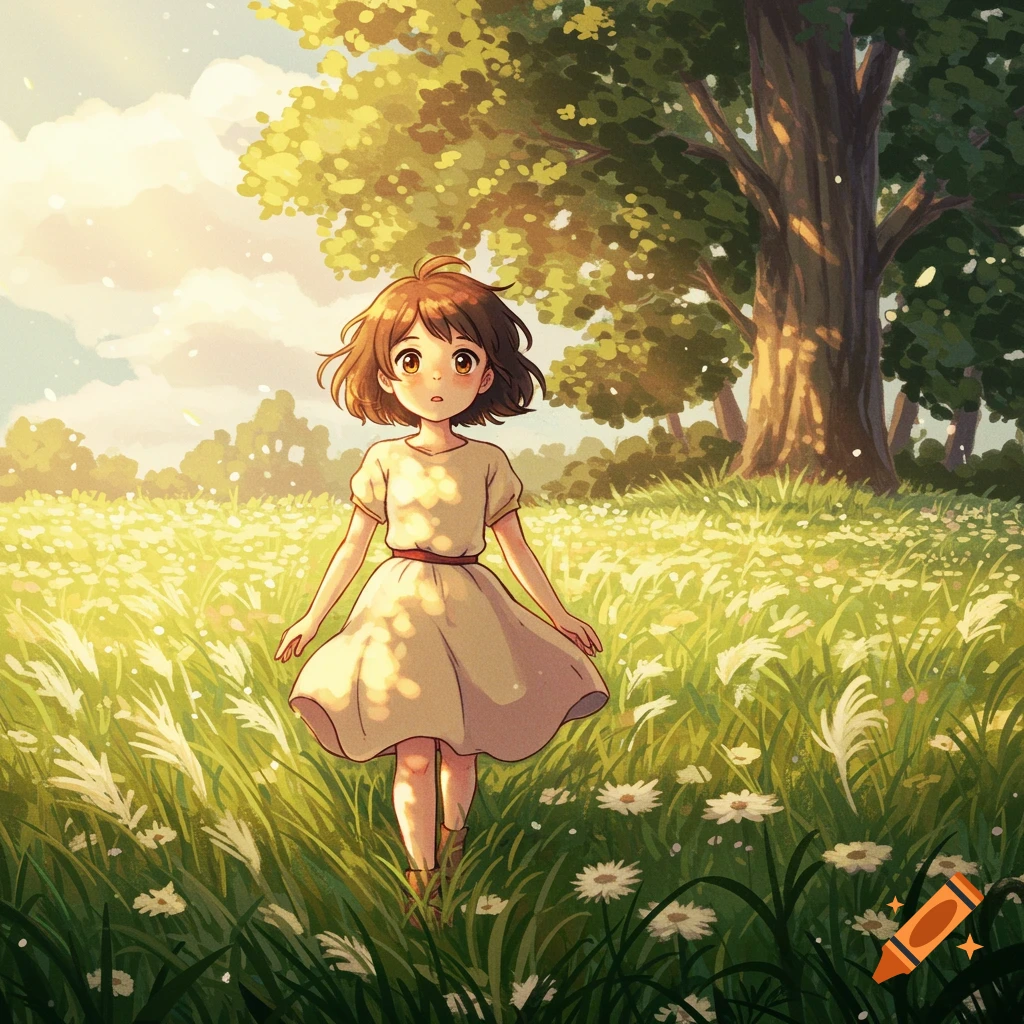 A young girl stands in a sunlit meadow of wildflowers in a Studio Ghibli style illustration.