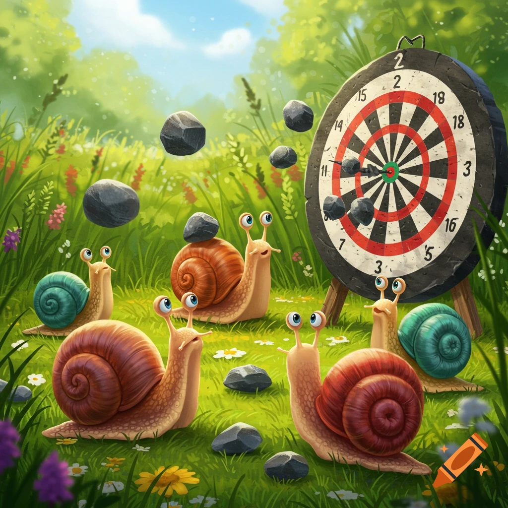 Cartoon snails throw rocks at a dartboard in a grassy field.