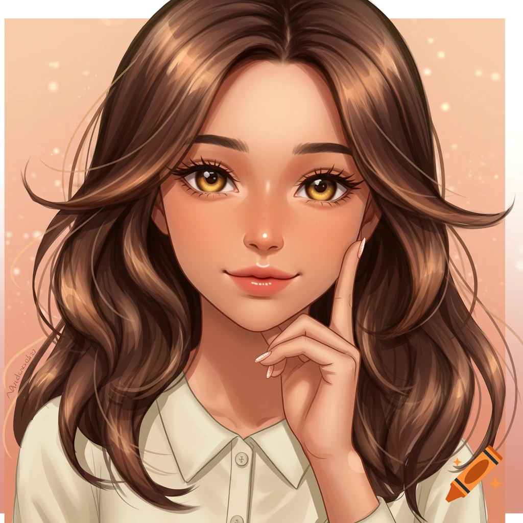 Anime portrait of a young woman with brown hair touching her cheek.