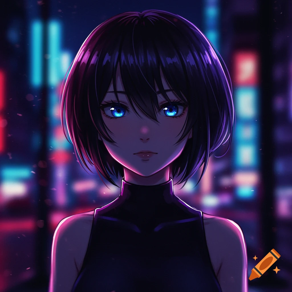 Anime girl with short black hair and blue eyes in a neon city.