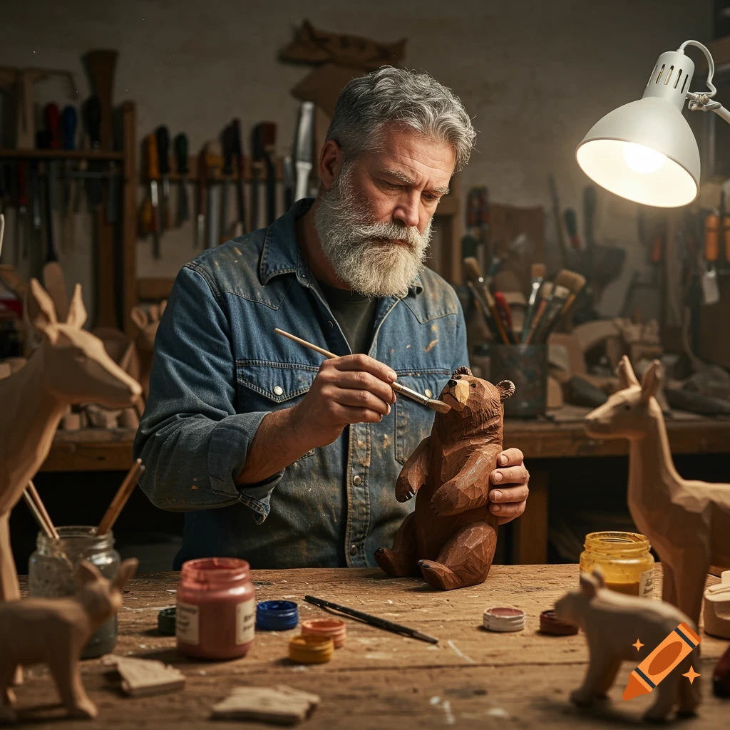 Man with a beard painting a wooden bear sculpture in his cluttered workshop.